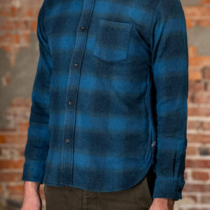 Pure Blue Japan 2235-BE Tweed Check  Shirt - Beige Indigo Overdye. on model side profile