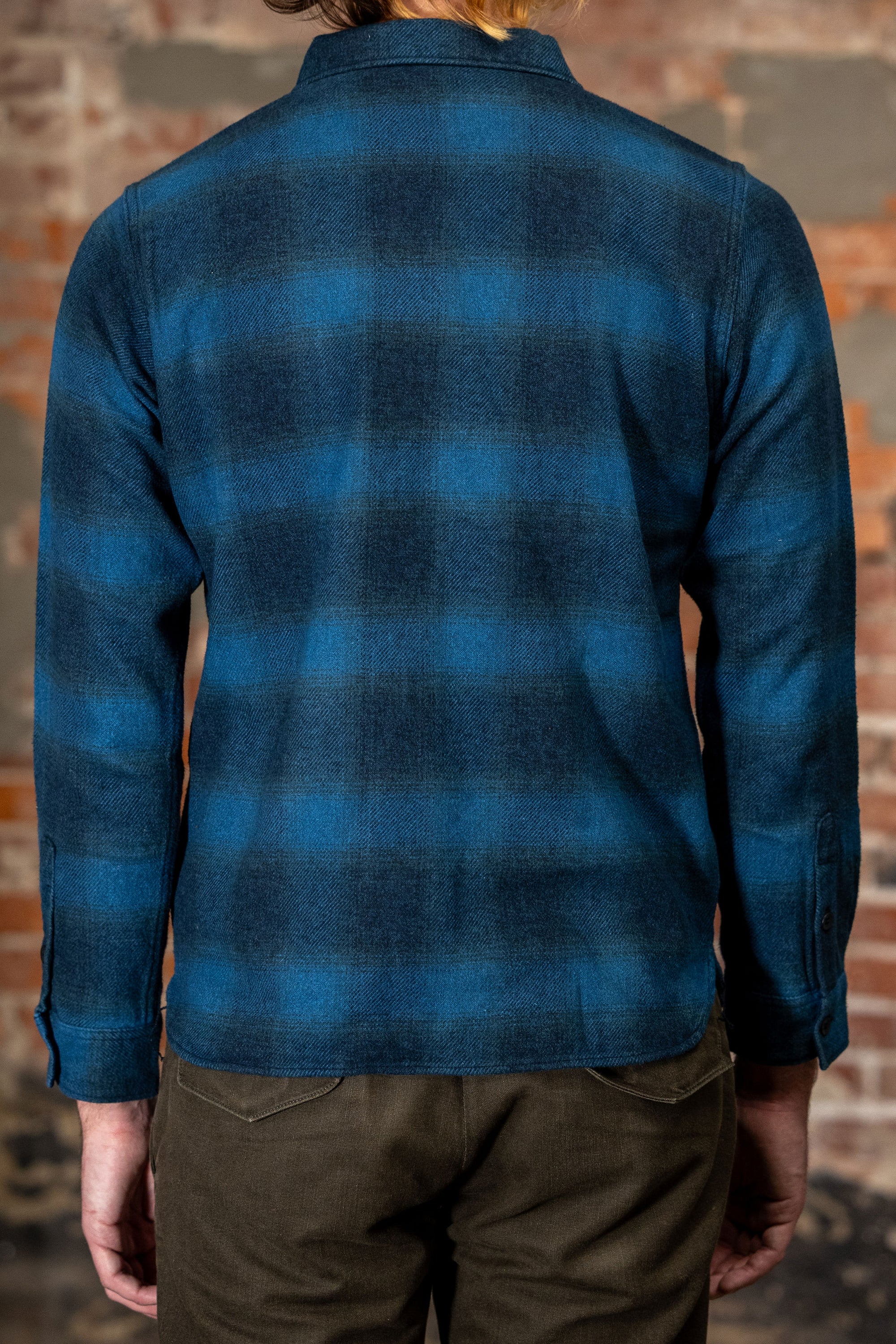 Pure Blue Japan 2235-BE Tweed Check  Shirt - Beige Indigo Overdye. on model back profile
