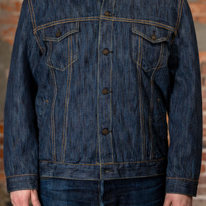 Pure Blue Japan 6226-L 14.5oz Waterfall Denim Type III Jacket - Light Indigo. on model front profile