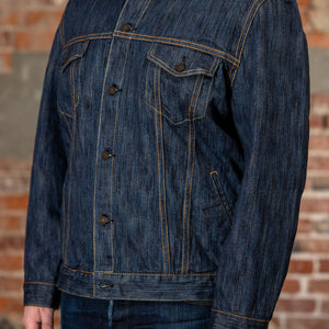 Pure Blue Japan 6226-L 14.5oz Waterfall Denim Type III Jacket - Light Indigo. on model side profile