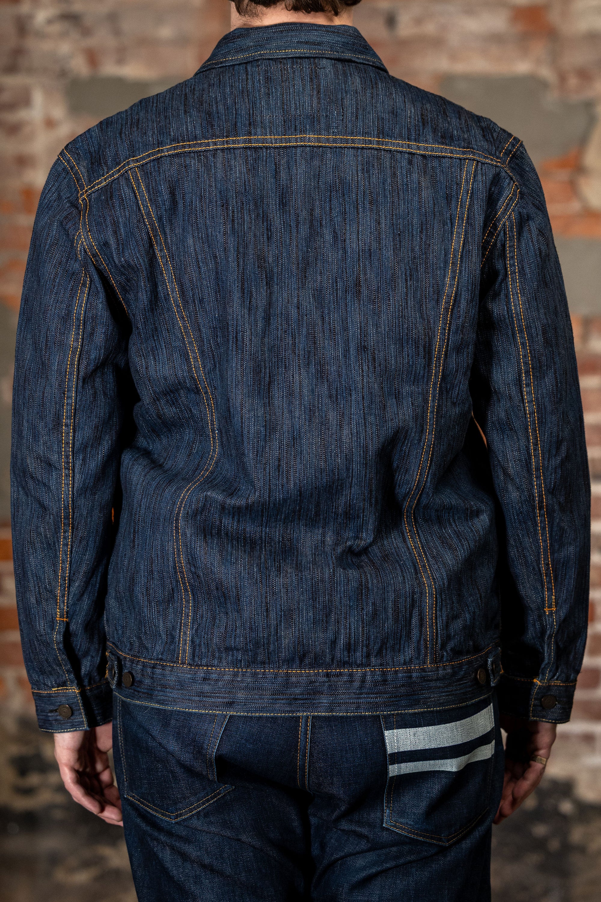 Pure Blue Japan 6226-L 14.5oz Waterfall Denim Type III Jacket - Light Indigo. on model back profile