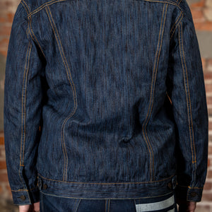 Pure Blue Japan 6226-L 14.5oz Waterfall Denim Type III Jacket - Light Indigo. on model back profile