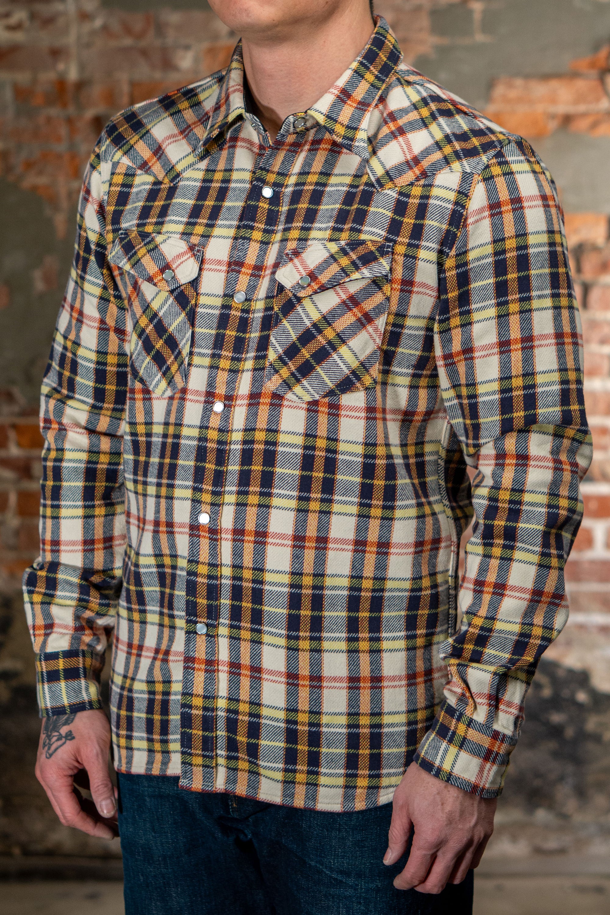 The Flat Head FN-SNR-014L Check Flannel Western Shirt - Ivory/Black