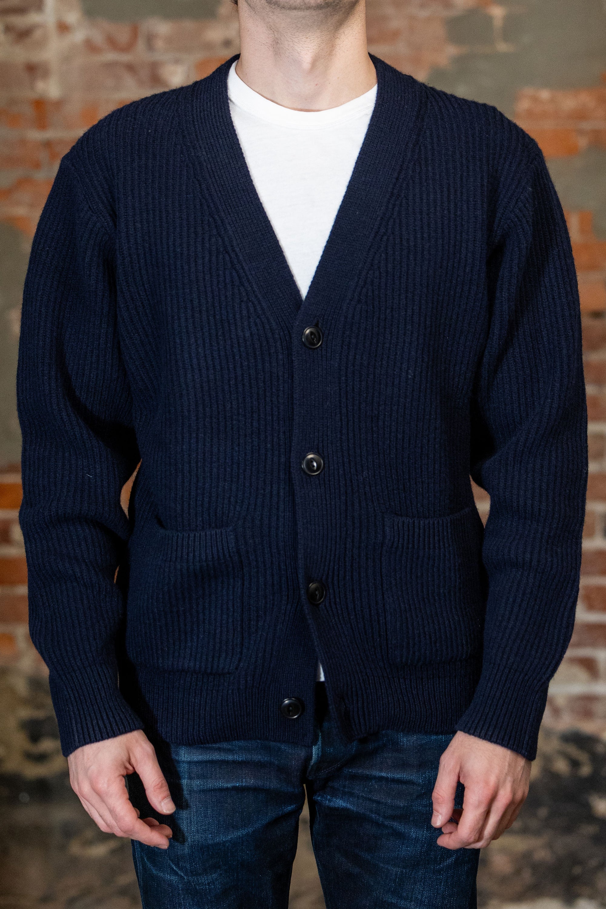 Merz b. Schwanen LOCG02 Sturdy Ribbed Merino Wool-Cashmere Cardigan - Dark Navy