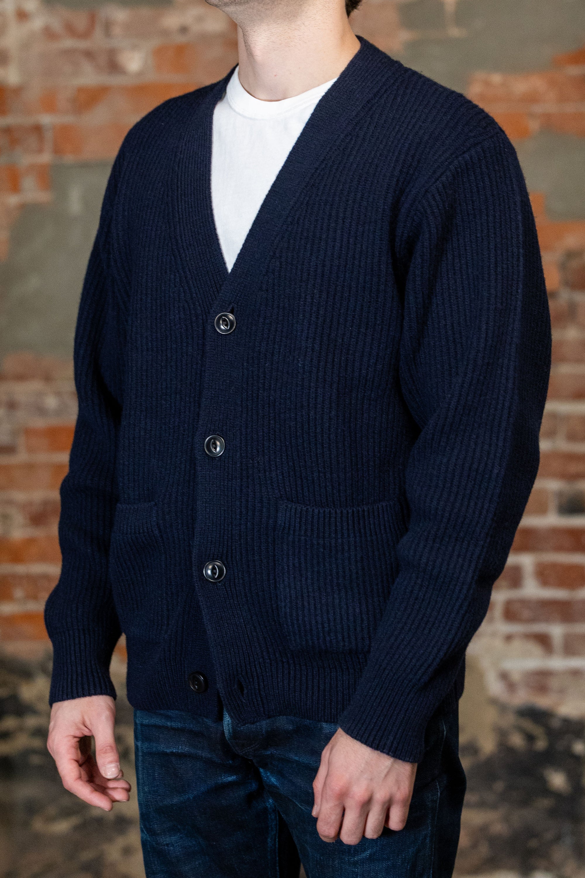 Merz b. Schwanen LOCG02 Sturdy Ribbed Merino Wool-Cashmere Cardigan - Dark Navy