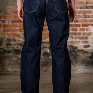 Pure Blue Japan XX-002 Piped Straight - Indigo. on model back profile