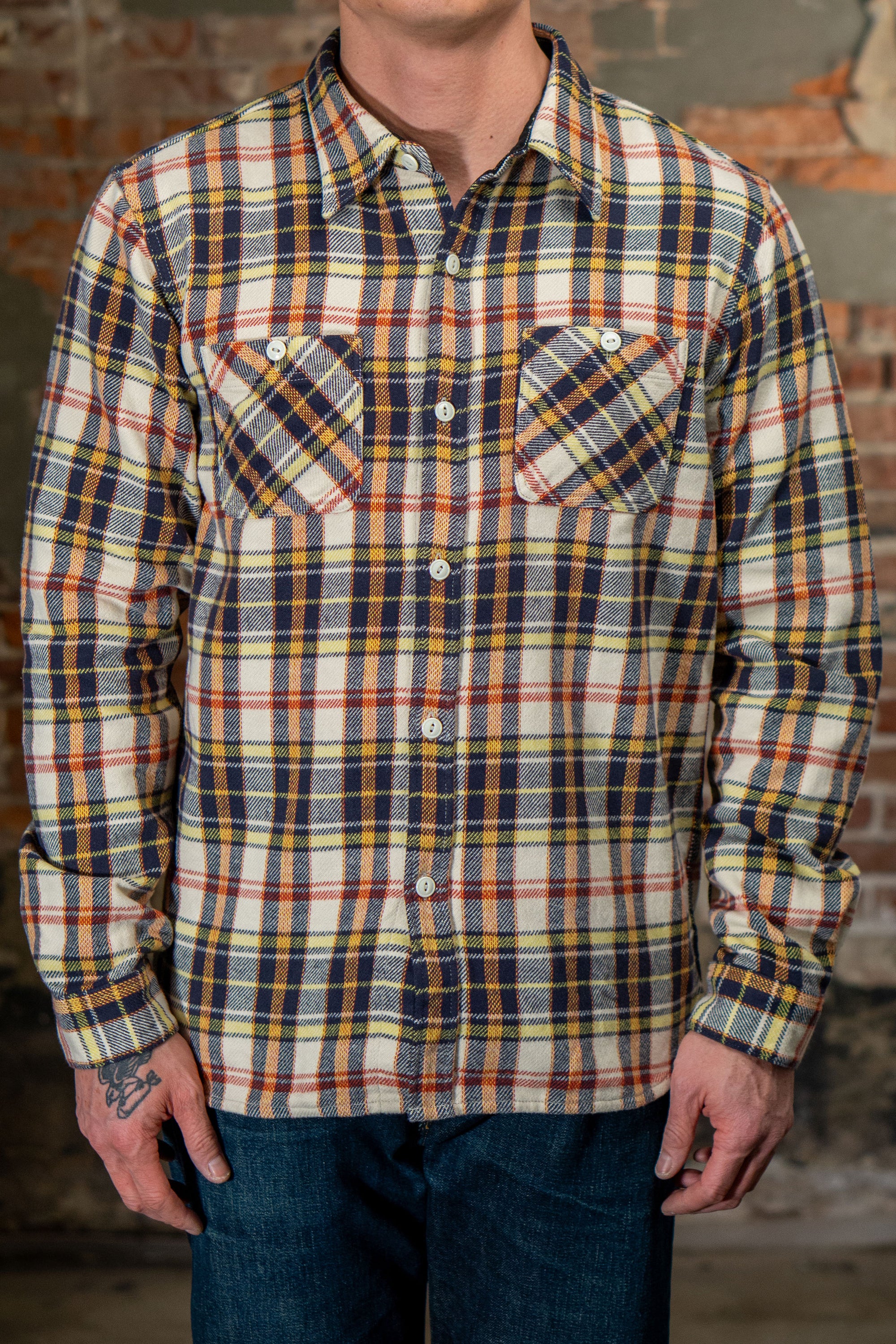 The Flat Head FN-SNW-014L Check Flannel Work Shirt - Ivory/Black
