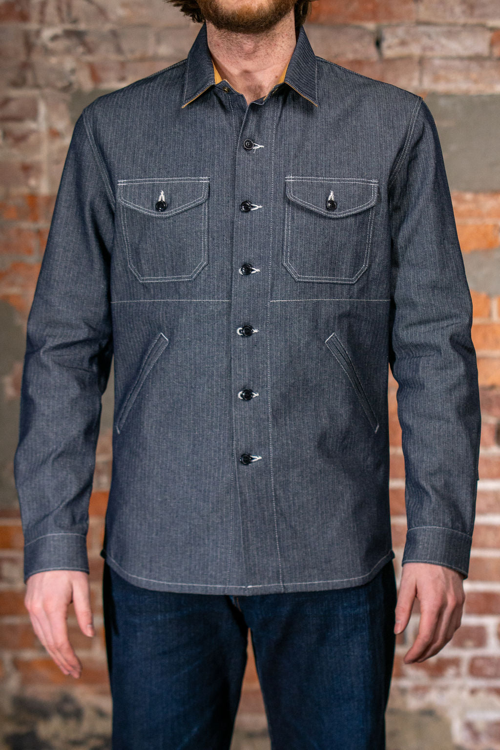 Dehen 1920 Crissman Overshirt - Indigo Herringbone Bull Denim on model from the front