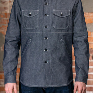Dehen 1920 Crissman Overshirt - Indigo Herringbone Bull Denim on model from the front