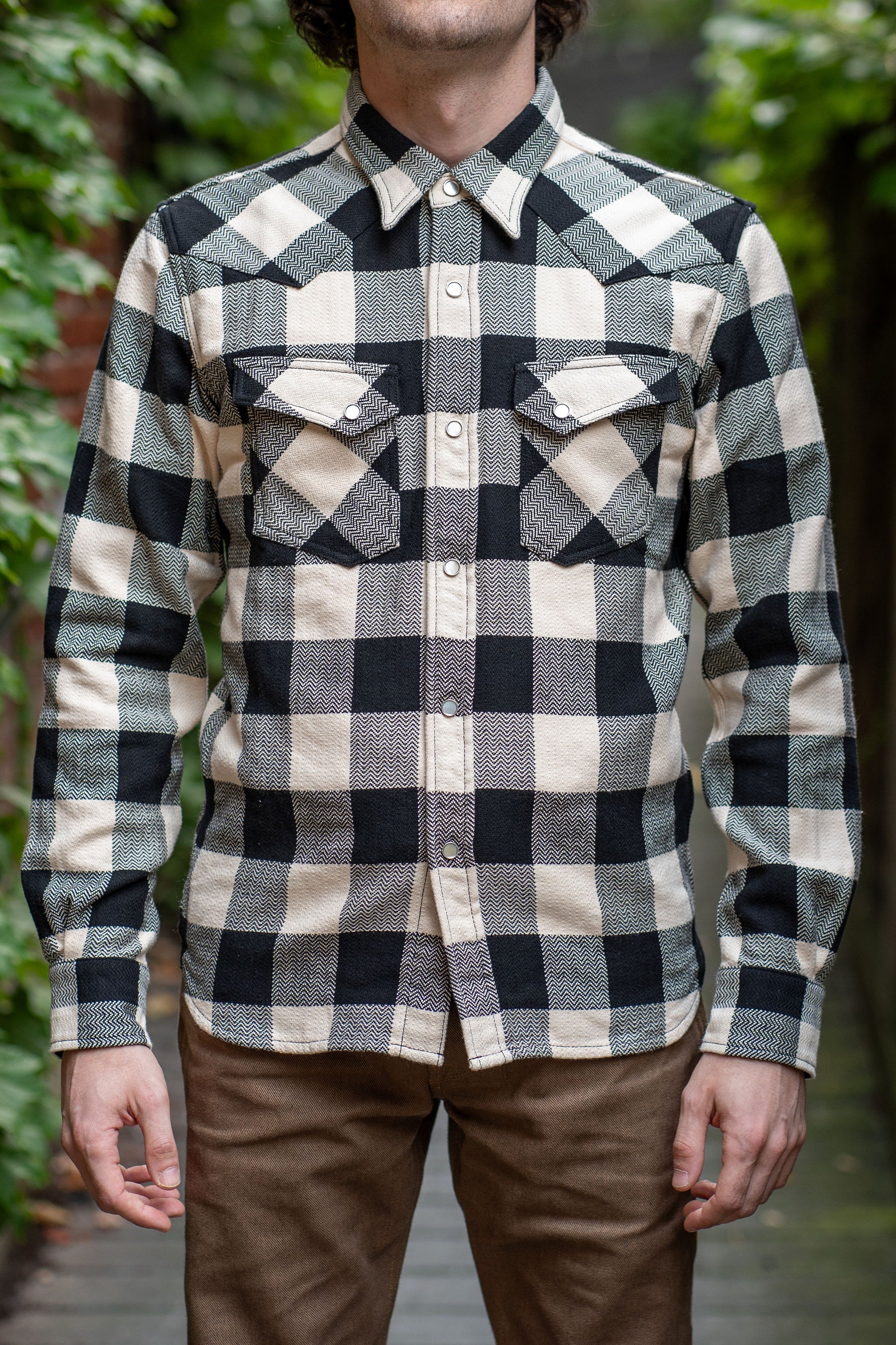 The Flat Head SNW-101L Block Check Western Flannel Shirt - Ivory/Black