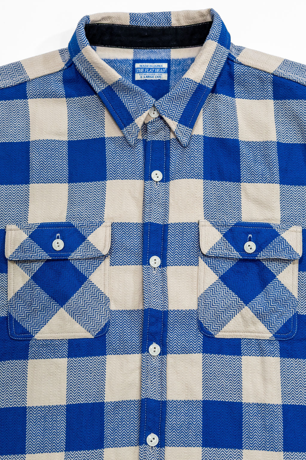 The Flat Head FN-SNR-101L Block Check Flannel Shirt - White/Blue