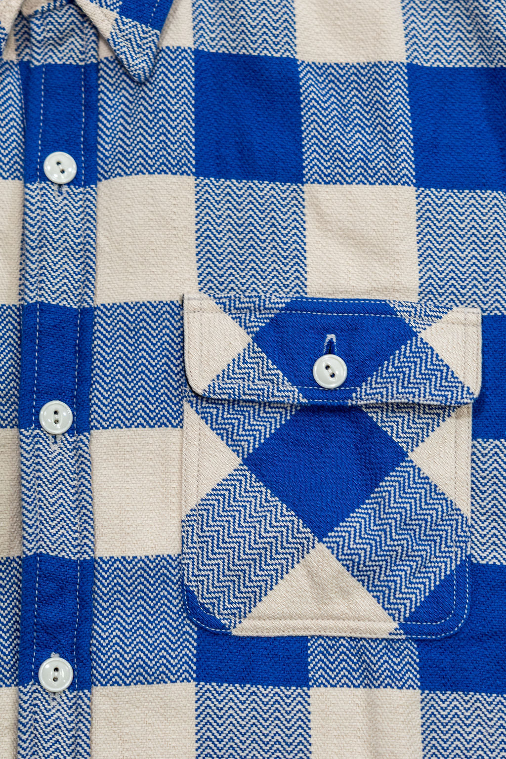 The Flat Head FN-SNR-101L Block Check Flannel Shirt - White/Blue