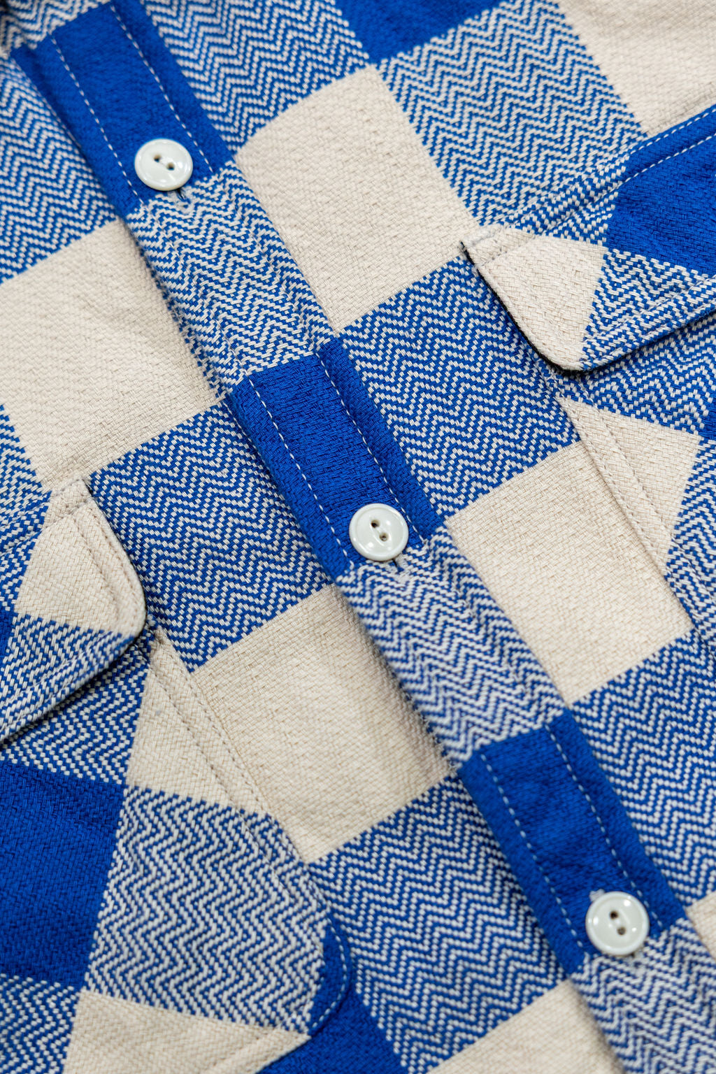 The Flat Head FN-SNR-101L Block Check Flannel Shirt - White/Blue