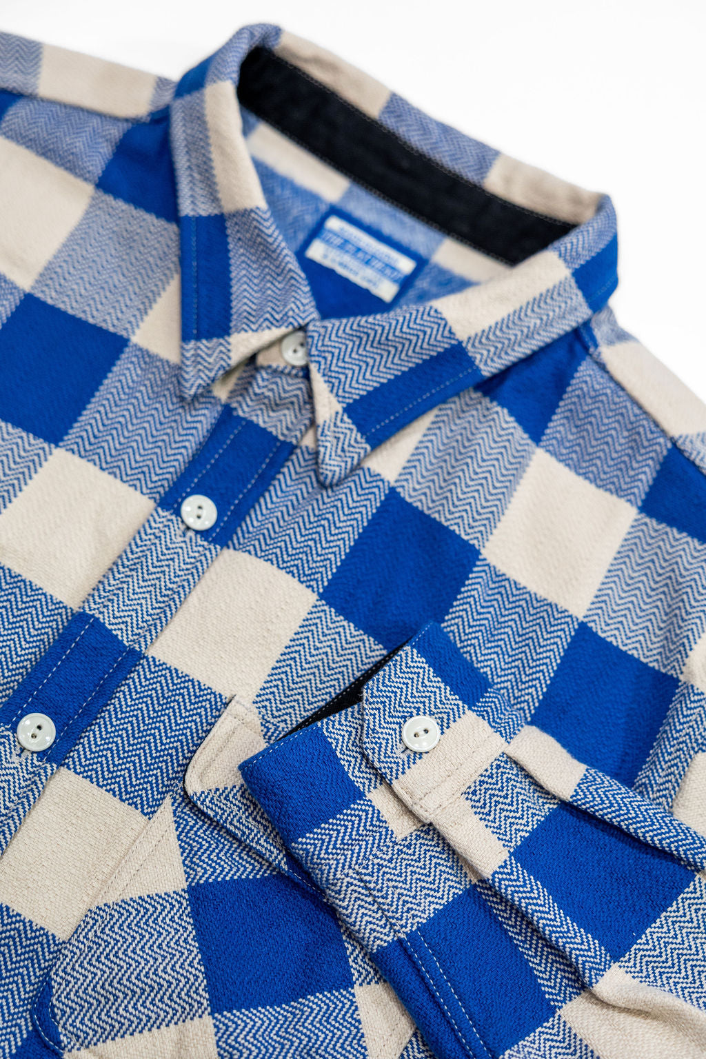 The Flat Head FN-SNR-101L Block Check Flannel Shirt - White/Blue