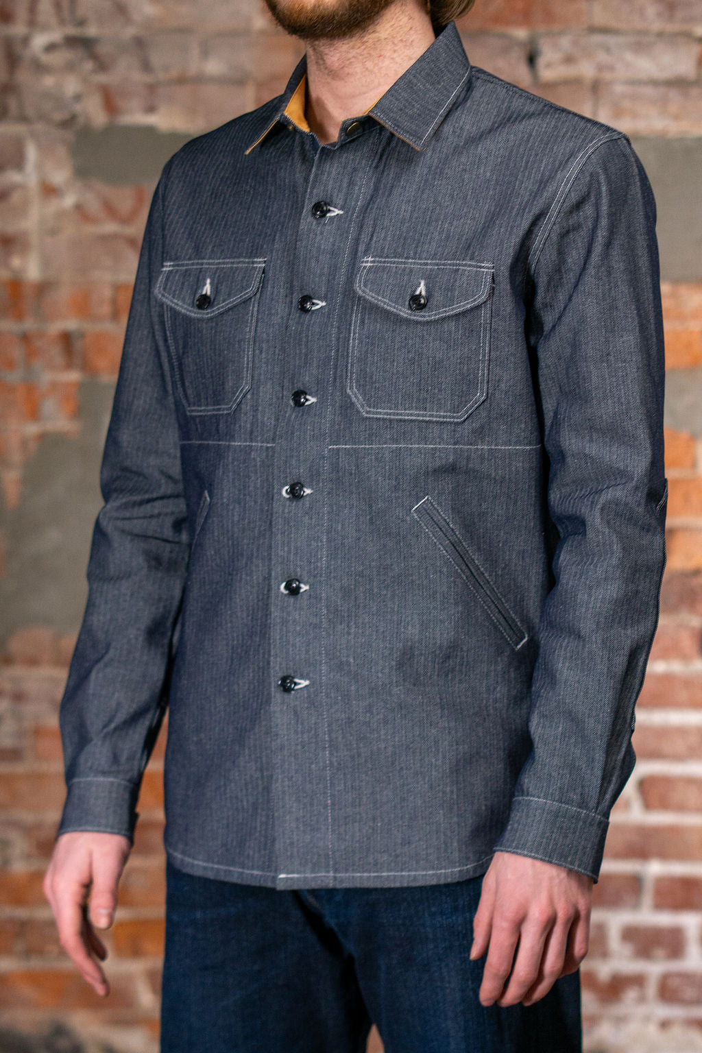 Dehen 1920 Crissman Overshirt - Indigo Herringbone Bull Denim on model from the side