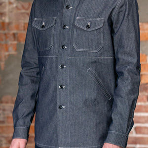 Dehen 1920 Crissman Overshirt - Indigo Herringbone Bull Denim on model from the side