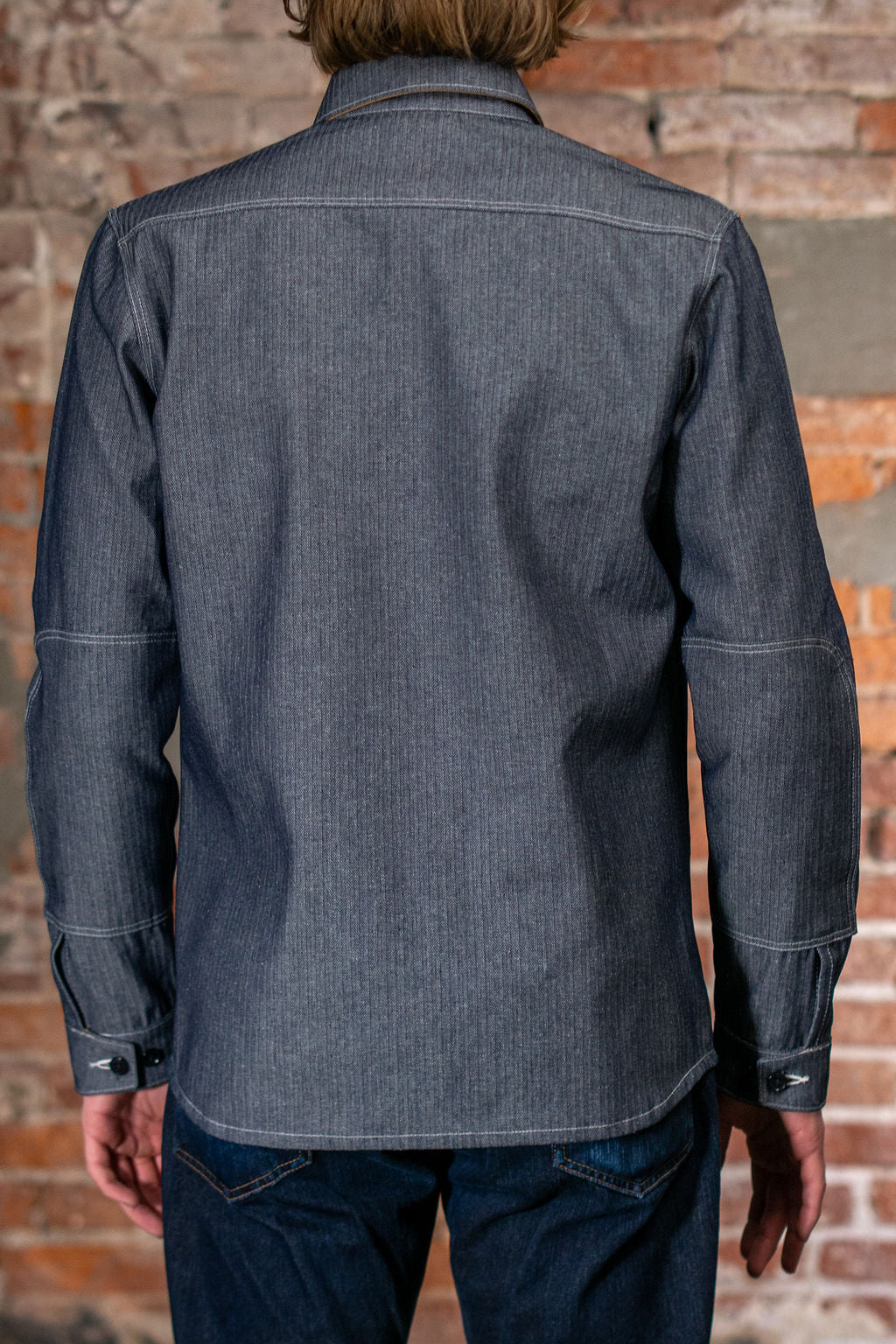Dehen 1920 Crissman Overshirt - Indigo Herringbone Bull Denim on model from the back