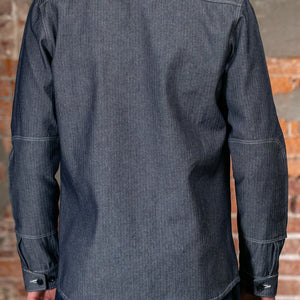 Dehen 1920 Crissman Overshirt - Indigo Herringbone Bull Denim on model from the back