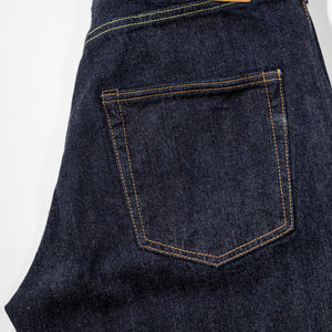 Indigo denim jeans wide cut back view laying flat