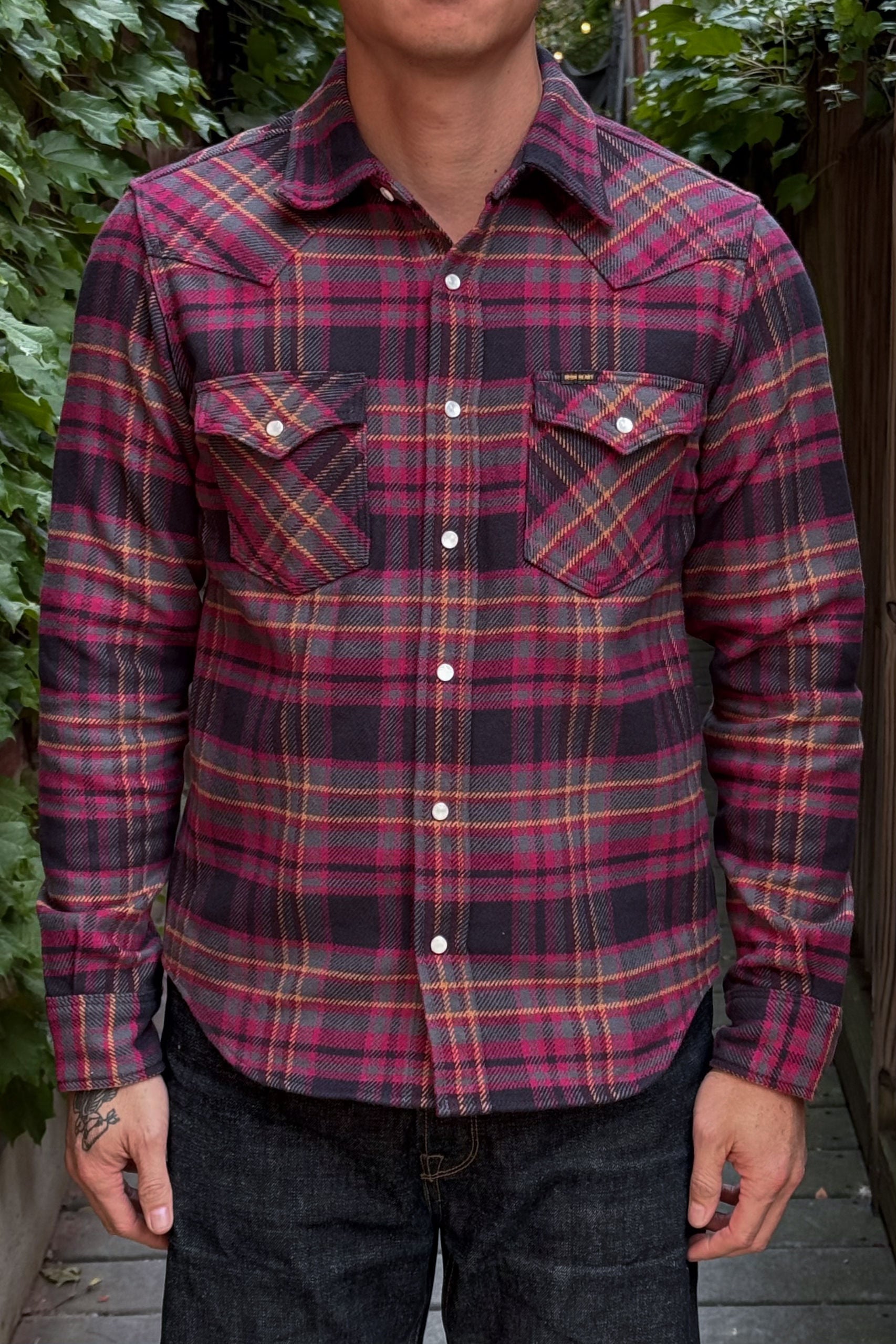 Iron Heart IHSH-403 11oz Ultra Heavy Flannel Check Western Shirt - Grey