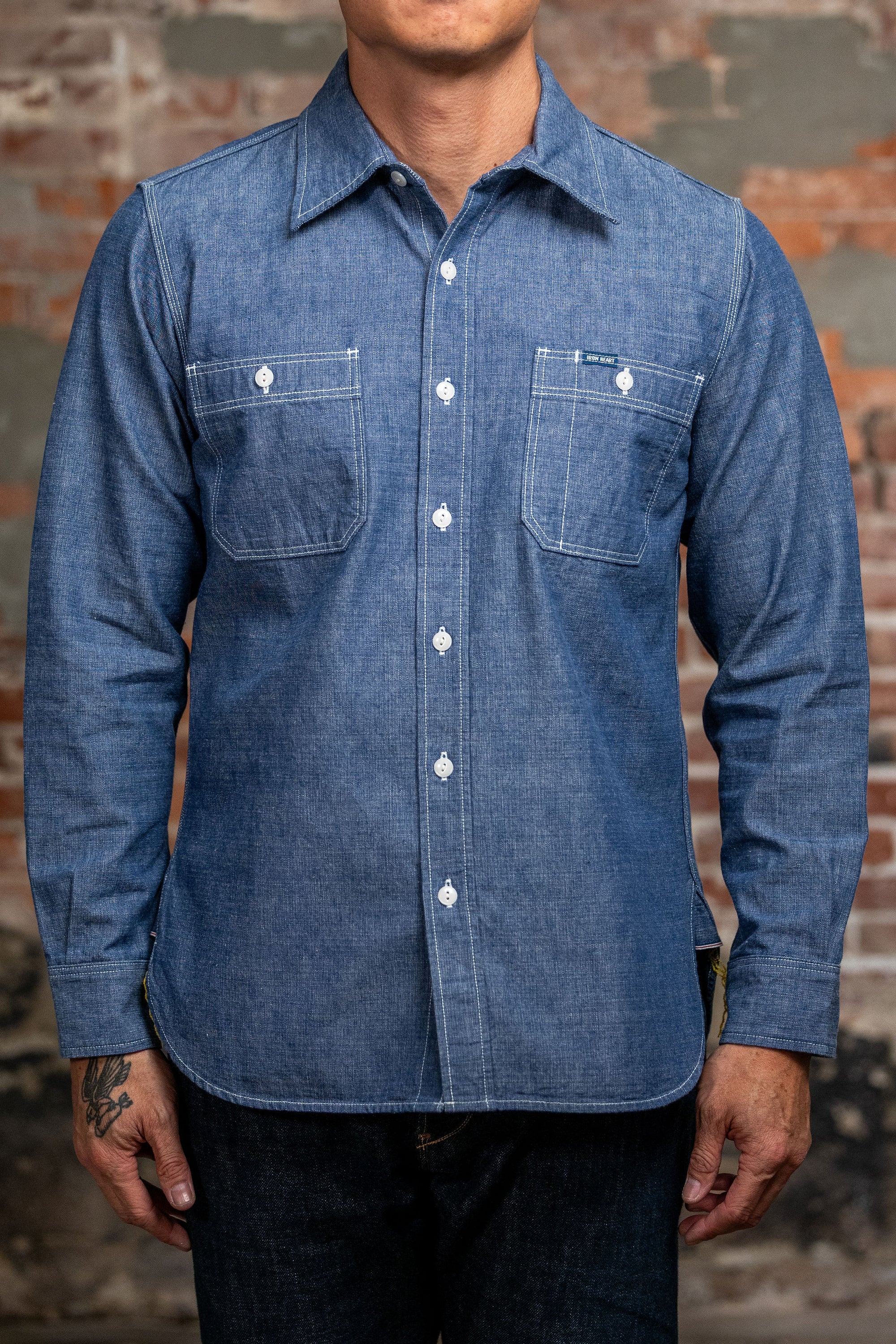 Iron Heart IHSH-21-BLU 10oz Selvedge Chambray Work Shirt - Blue