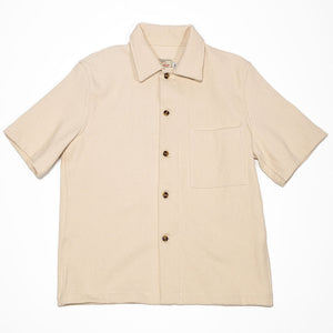 Dehen 1920 Lounge Shirt - Natural Sashi-Ori. laid on back