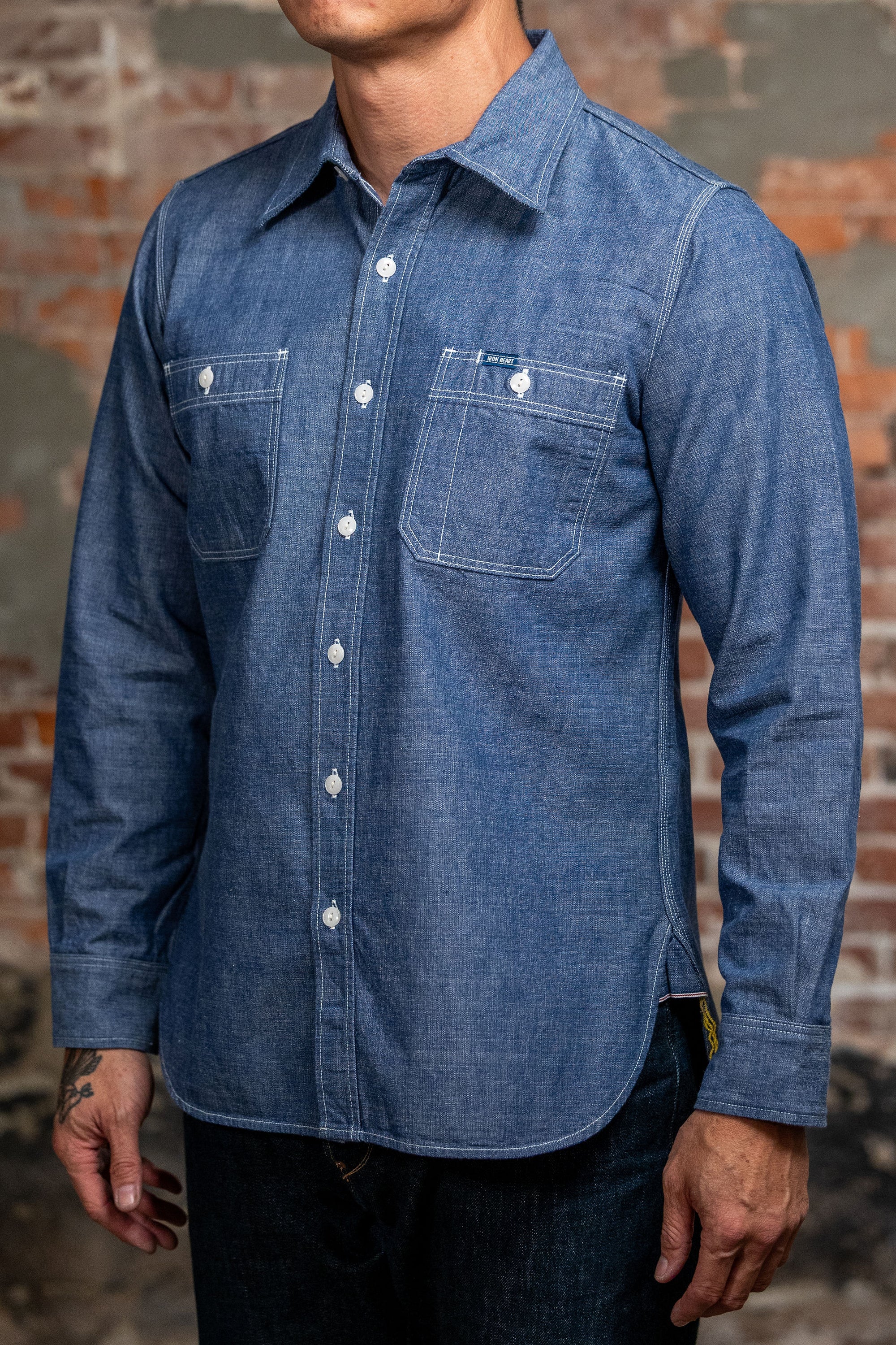 Iron Heart IHSH-21-BLU 10oz Selvedge Chambray Work Shirt - Blue