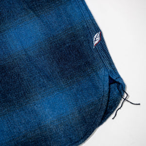 Pure Blue Japan 2235-BE Tweed Check  Shirt - Beige Indigo Overdye. close up of bottom hemming detail