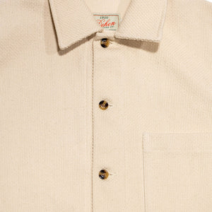 Dehen 1920 Lounge Shirt - Natural Sashi-Ori. close up detail of buttons