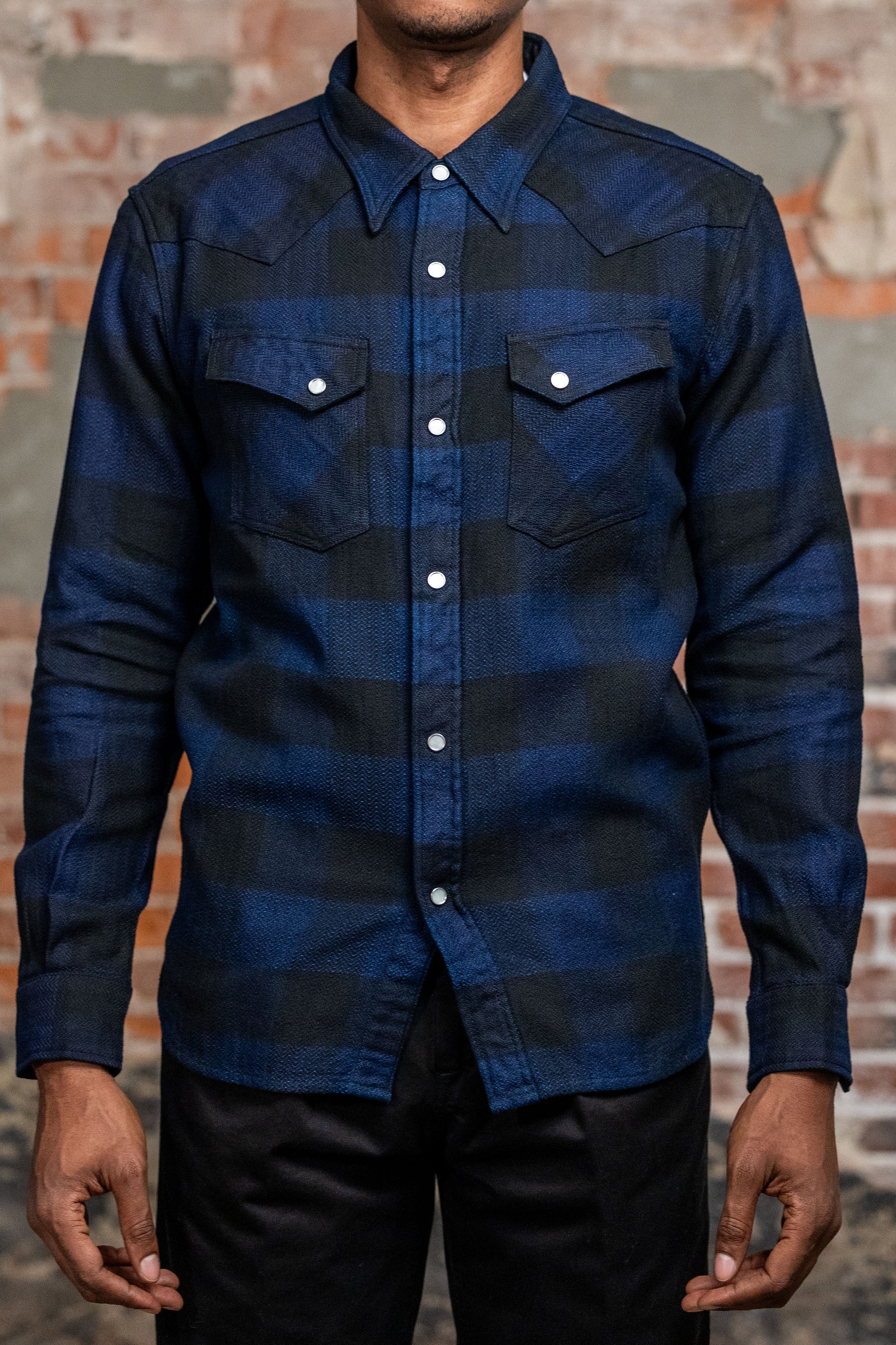 The Flat Head FN-SNW-101LSP Block Check Flannel Western Shirt - Indigo