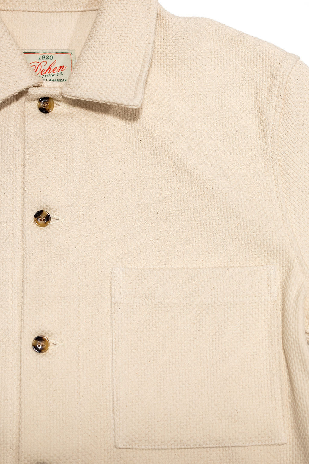 Dehen 1920 Lounge Shirt - Natural Sashi-Ori. close up detail of front pocket