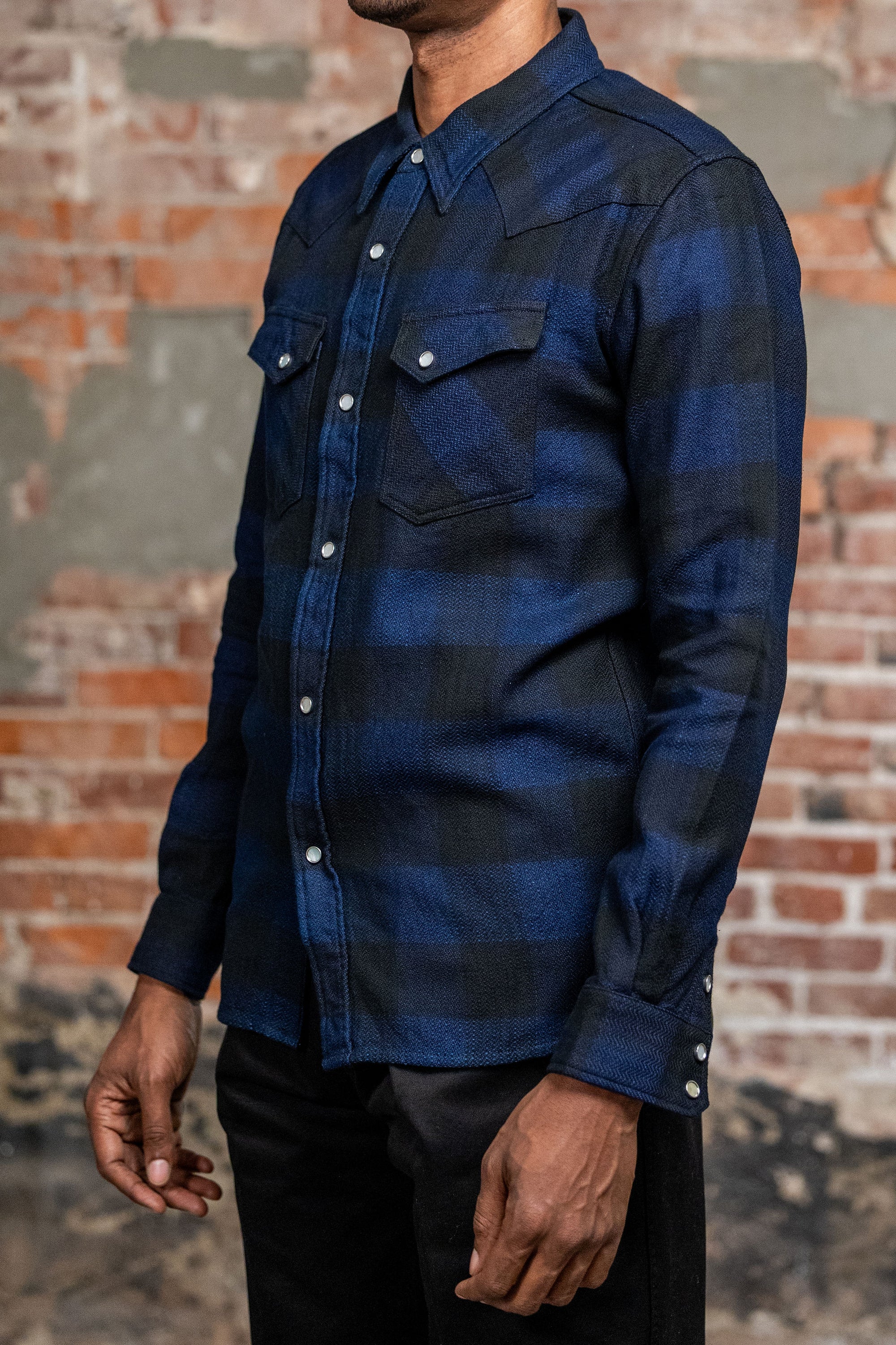 The Flat Head FN-SNW-101LSP Block Check Flannel Western Shirt - Indigo