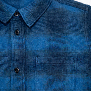 Pure Blue Japan 2235-BE Tweed Check  Shirt - Beige Indigo Overdye. close up of front pocket
