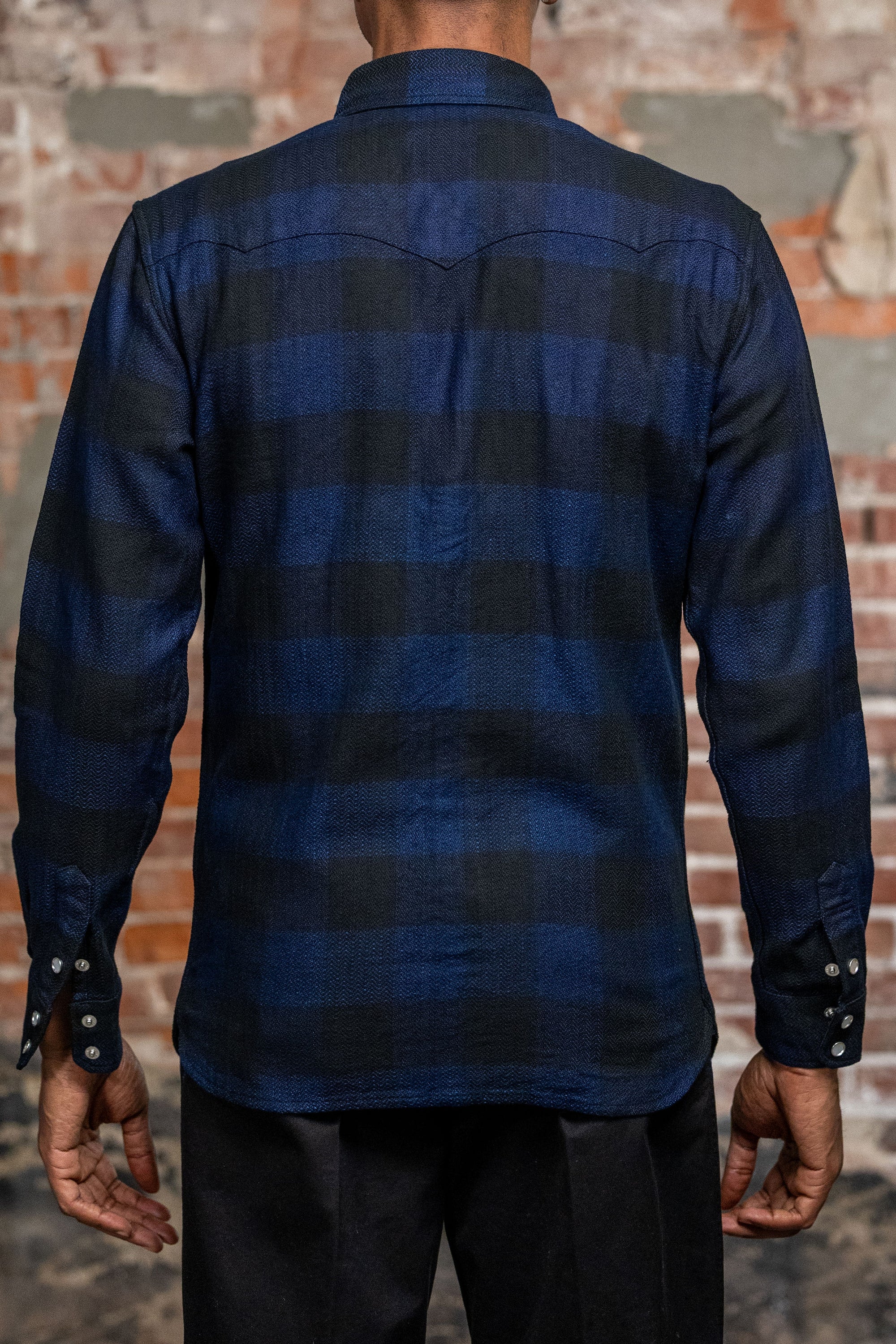 The Flat Head FN-SNW-101LSP Block Check Flannel Western Shirt - Indigo