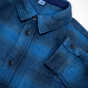 Pure Blue Japan 2235-BE Tweed Check  Shirt - Beige Indigo Overdye. close up of collar and end of sleeve