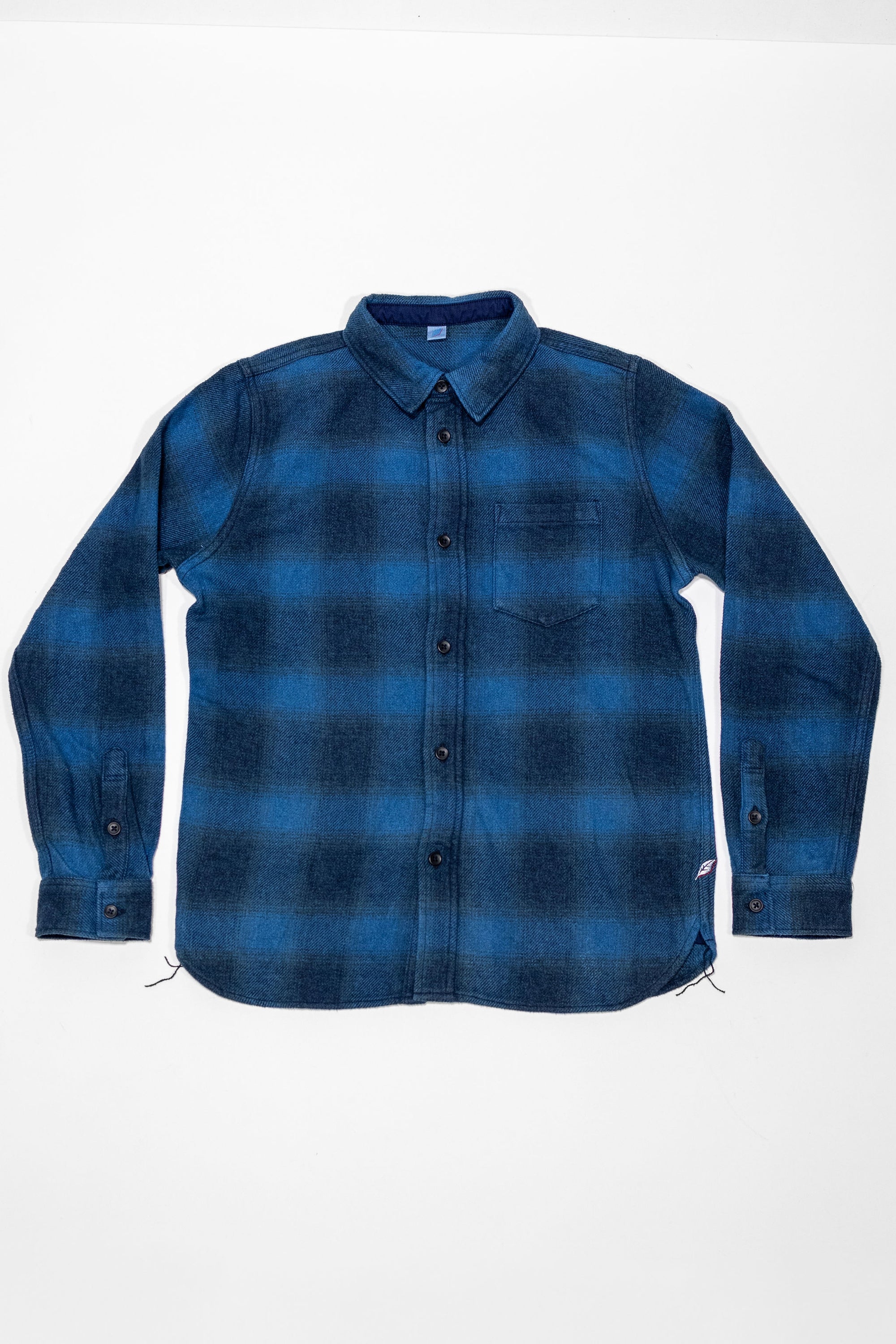Pure Blue Japan 2235-BE Tweed Check  Shirt - Beige Indigo Overdye. laid on back