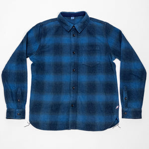 Pure Blue Japan 2235-BE Tweed Check  Shirt - Beige Indigo Overdye. laid on back