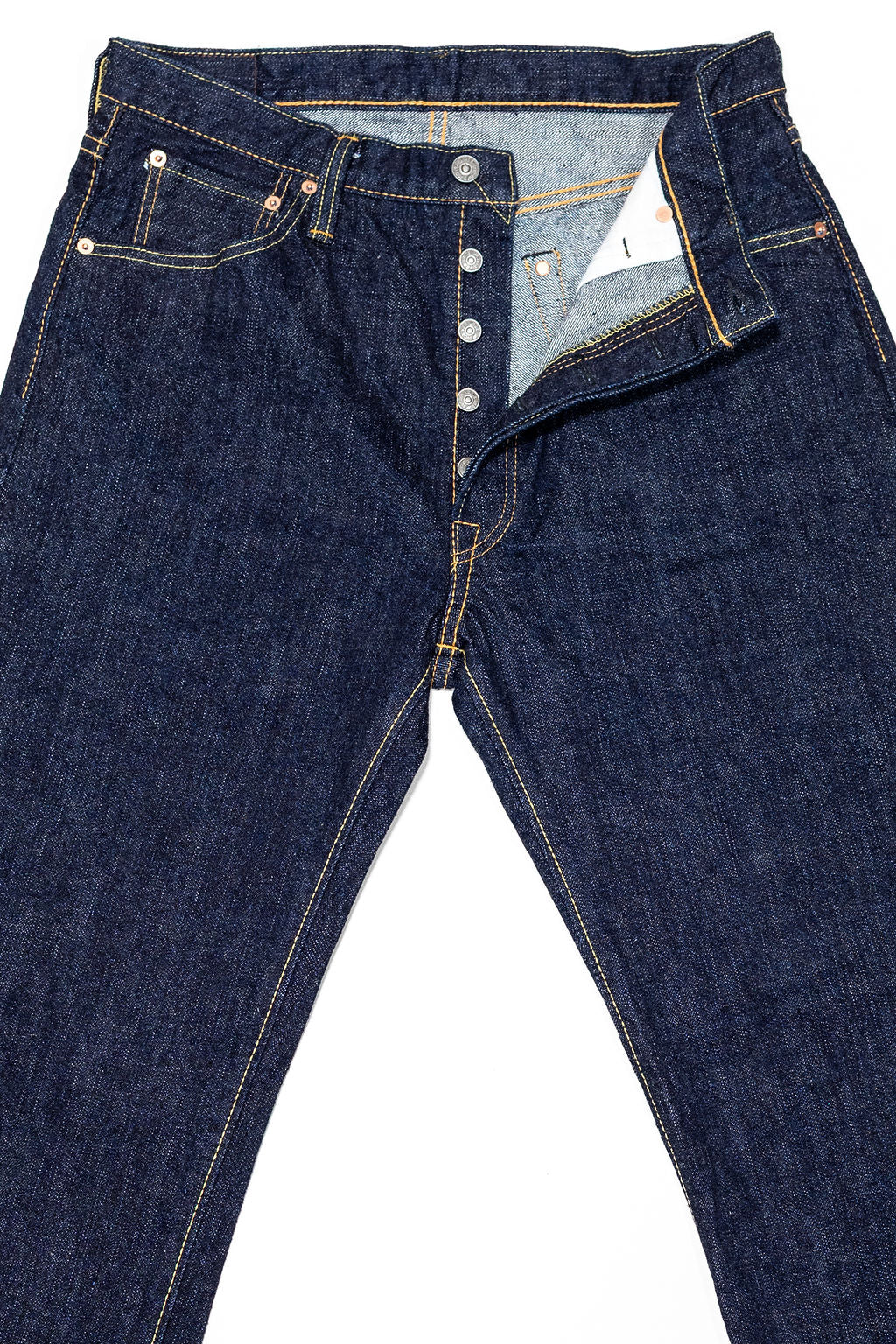 Pure Blue Japan XX-002 Piped Straight - Indigo. laid on back with front buttons undone