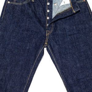 Pure Blue Japan XX-002 Piped Straight - Indigo. laid on back with front buttons undone