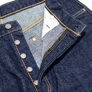 Pure Blue Japan XX-002 Piped Straight - Indigo. close up of buttons undone