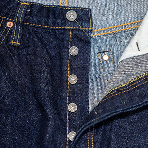 Pure Blue Japan XX-002 Piped Straight - Indigo. close up of buttons