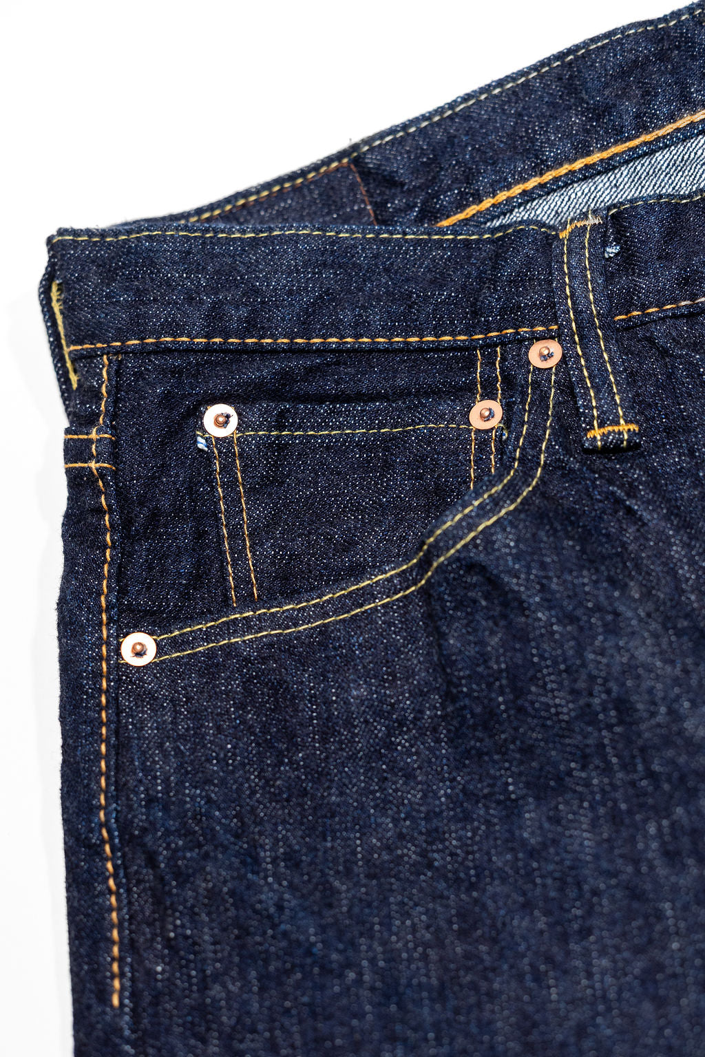 Pure Blue Japan XX-002 Piped Straight - Indigo. close up of pocket detail