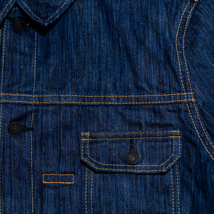 Pure Blue Japan 6225-L Waterfall Denim Type 2 Jacket - Light Indigo. close up of front pocket detail