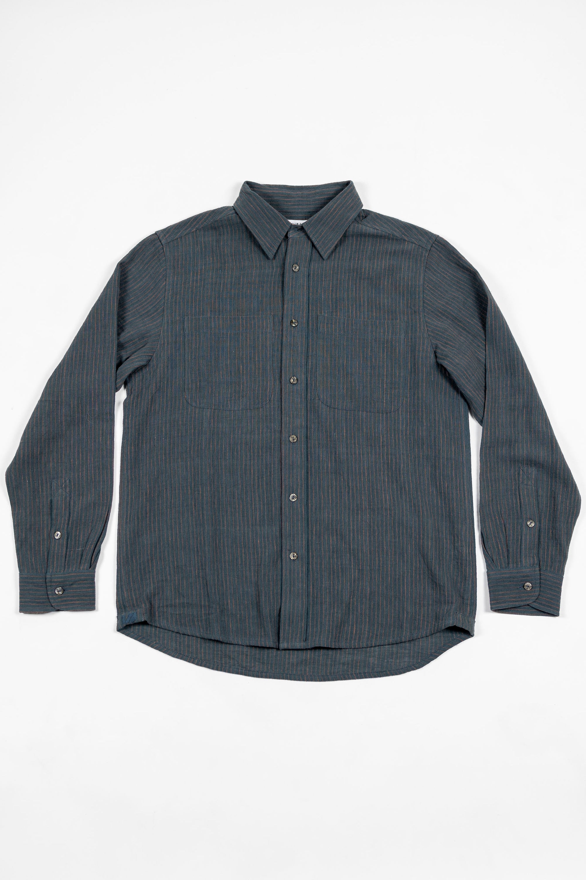 Indi + Ash LS Rios Workshirt - Handwoven Ticking Stripe Kala Cotton Midnight Teal/Iron Black