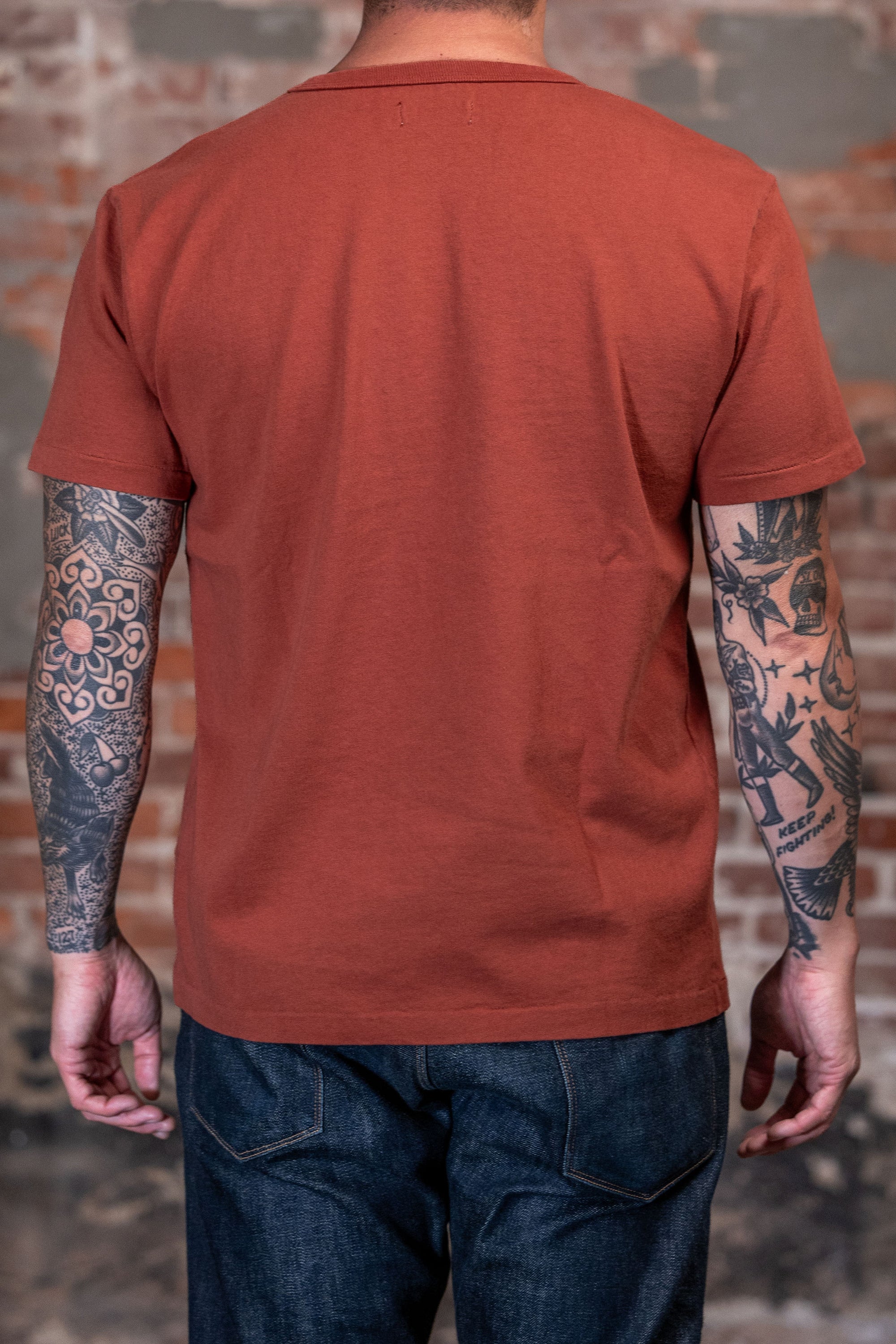 Back view of the Freenote Cloth 13oz Pocket T-Shirt in Picante 