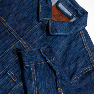 Pure Blue Japan 6225-L Waterfall Denim Type 2 Jacket - Light Indigo. close up of collar and bottom of sleeve