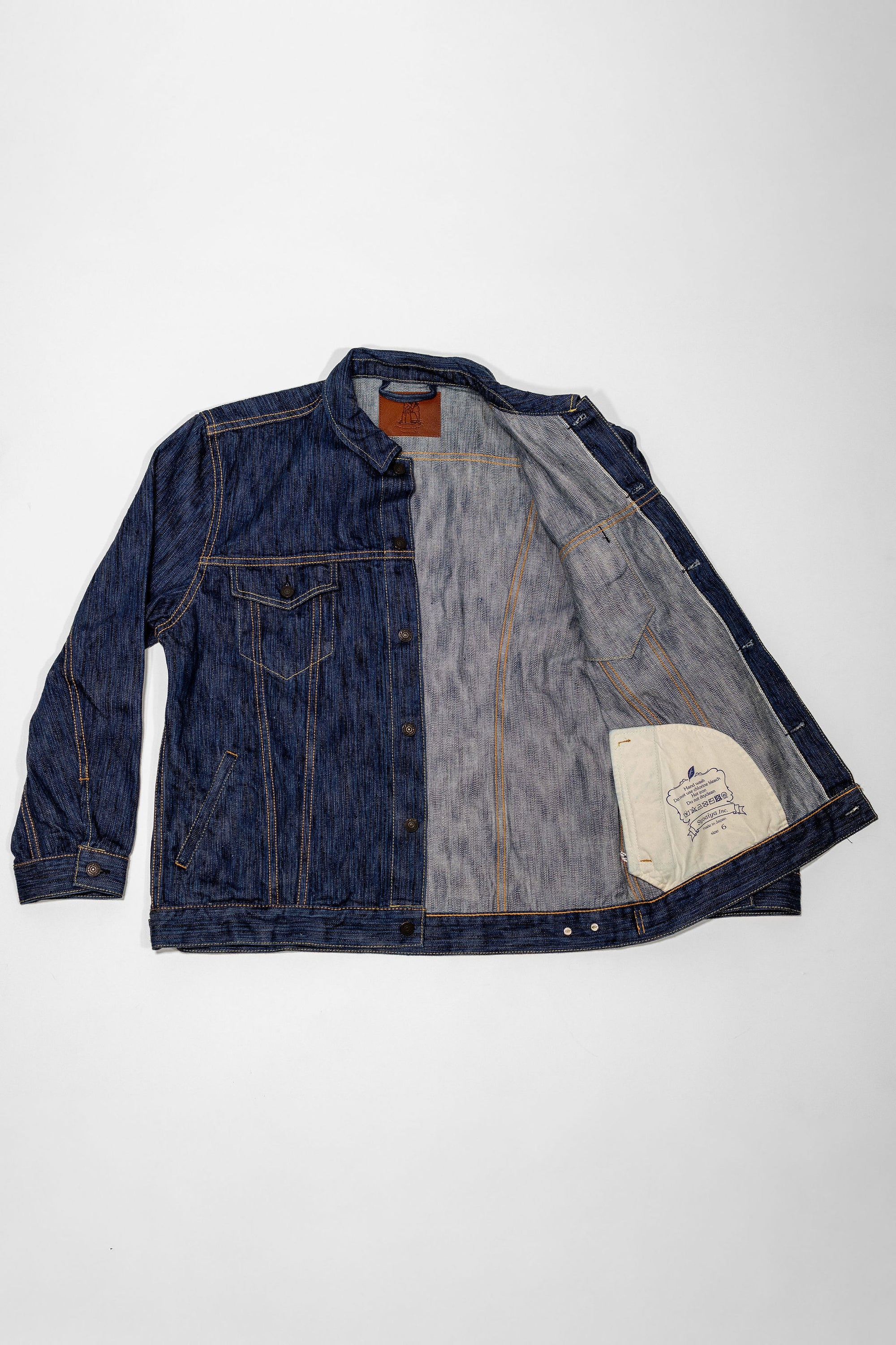 Pure Blue Japan 6226-L 14.5oz Waterfall Denim Type III Jacket - Light Indigo. laid on back with right side opened