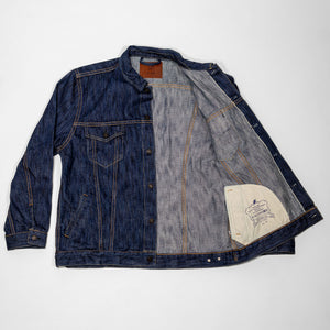 Pure Blue Japan 6226-L 14.5oz Waterfall Denim Type III Jacket - Light Indigo. laid on back with right side opened