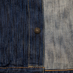 Pure Blue Japan 6226-L 14.5oz Waterfall Denim Type III Jacket - Light Indigo. close up of buttons undone