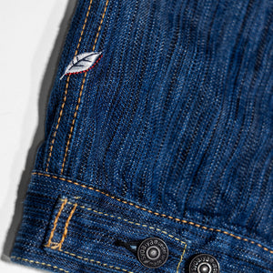 Pure Blue Japan 6225-L Waterfall Denim Type 2 Jacket - Light Indigo. close up of back button detail with logo showing